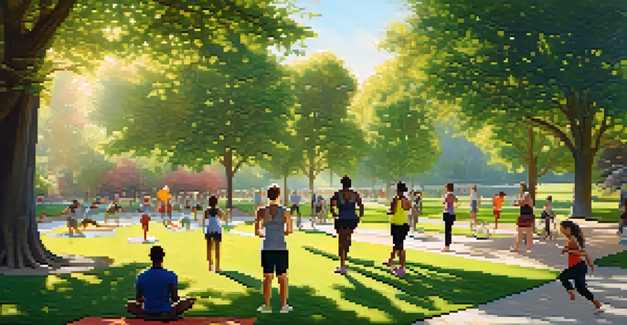 A diverse group of individuals participating in different physical activities in a sunny park, creating a sense of community and support.