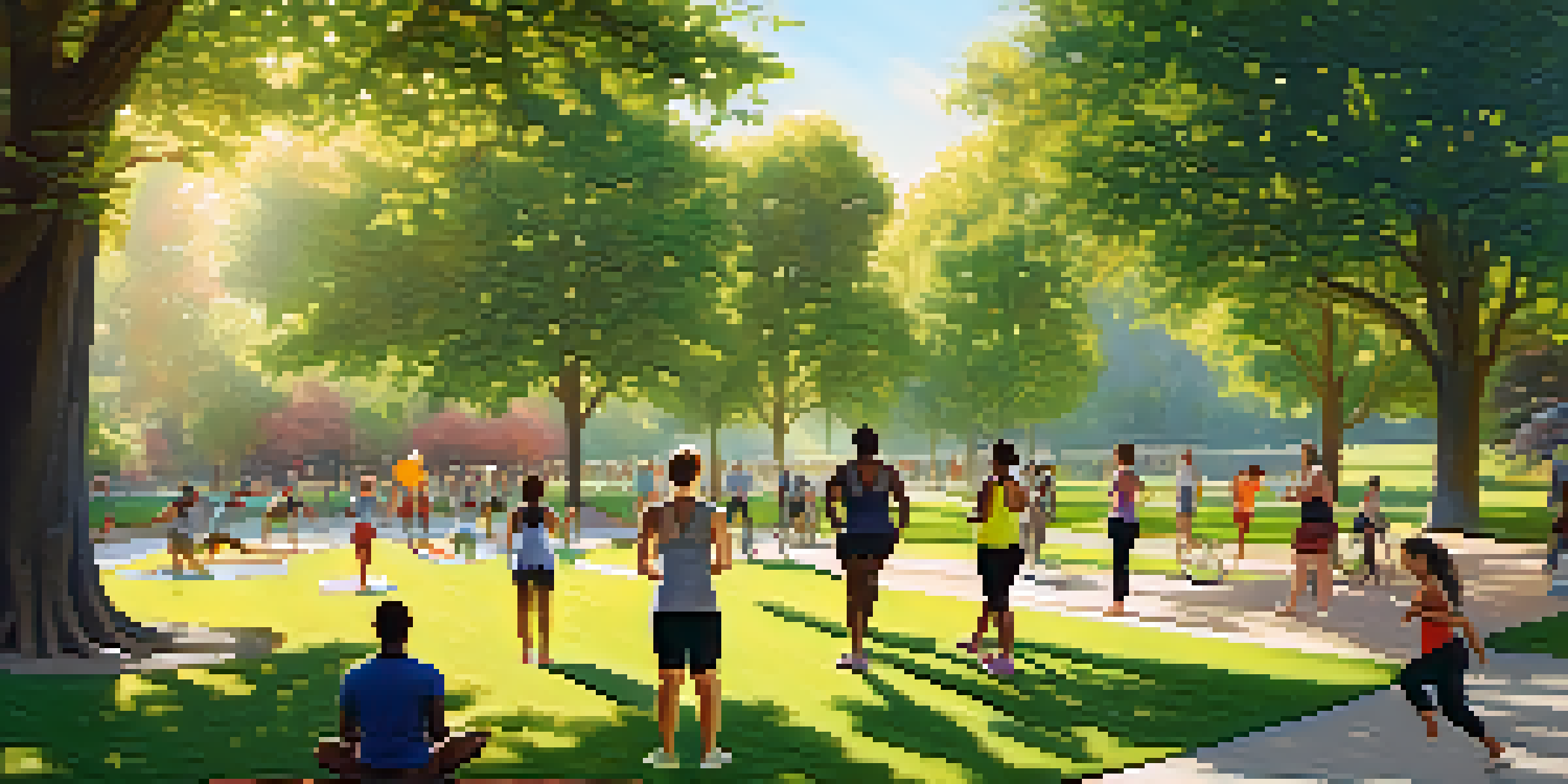 A diverse group of individuals participating in different physical activities in a sunny park, creating a sense of community and support.