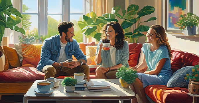 A couple laughing together in a cozy living room while sharing coffee, with warm lighting and colorful decor.