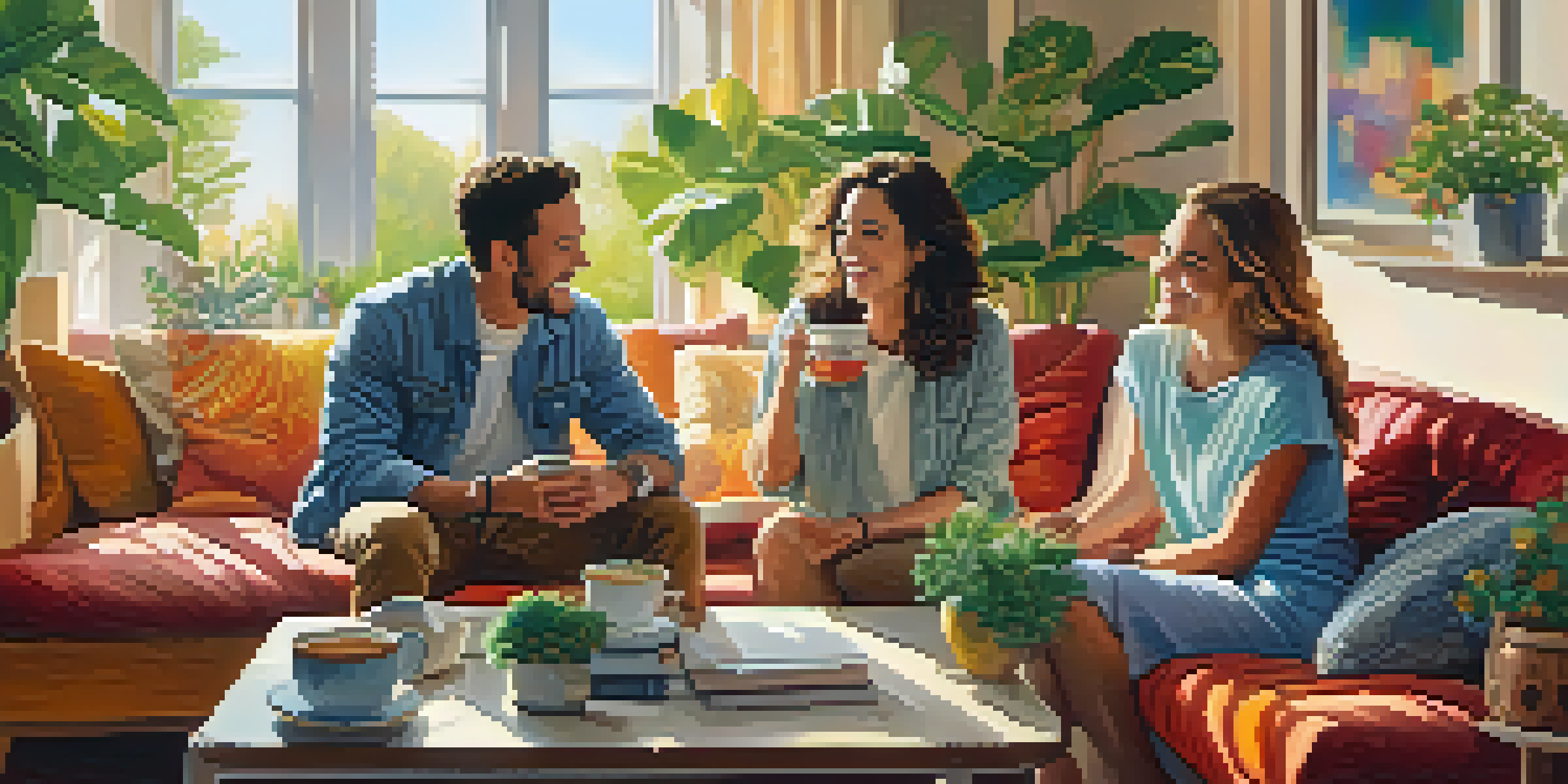 A couple laughing together in a cozy living room while sharing coffee, with warm lighting and colorful decor.