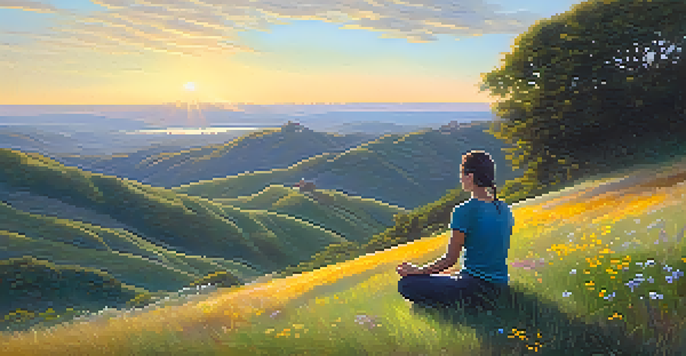 A person practicing mindfulness on a grassy hill during sunrise, surrounded by wildflowers.