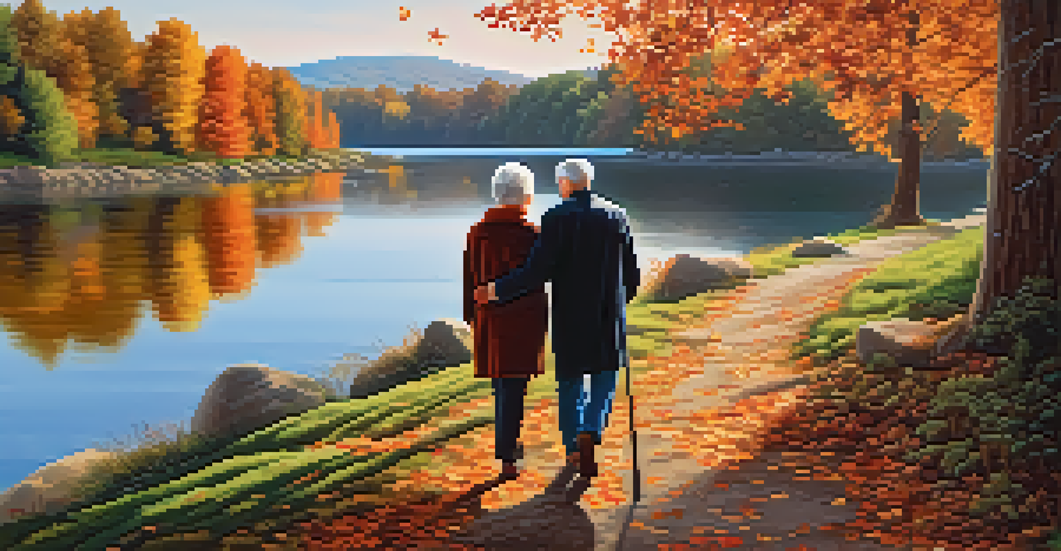 An elderly couple walking together by a lake surrounded by colorful autumn leaves, symbolizing companionship and health.