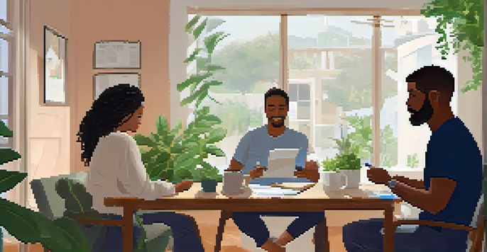 A health coaching session in a cozy office, featuring a coach and a client in conversation, surrounded by plants and natural light.
