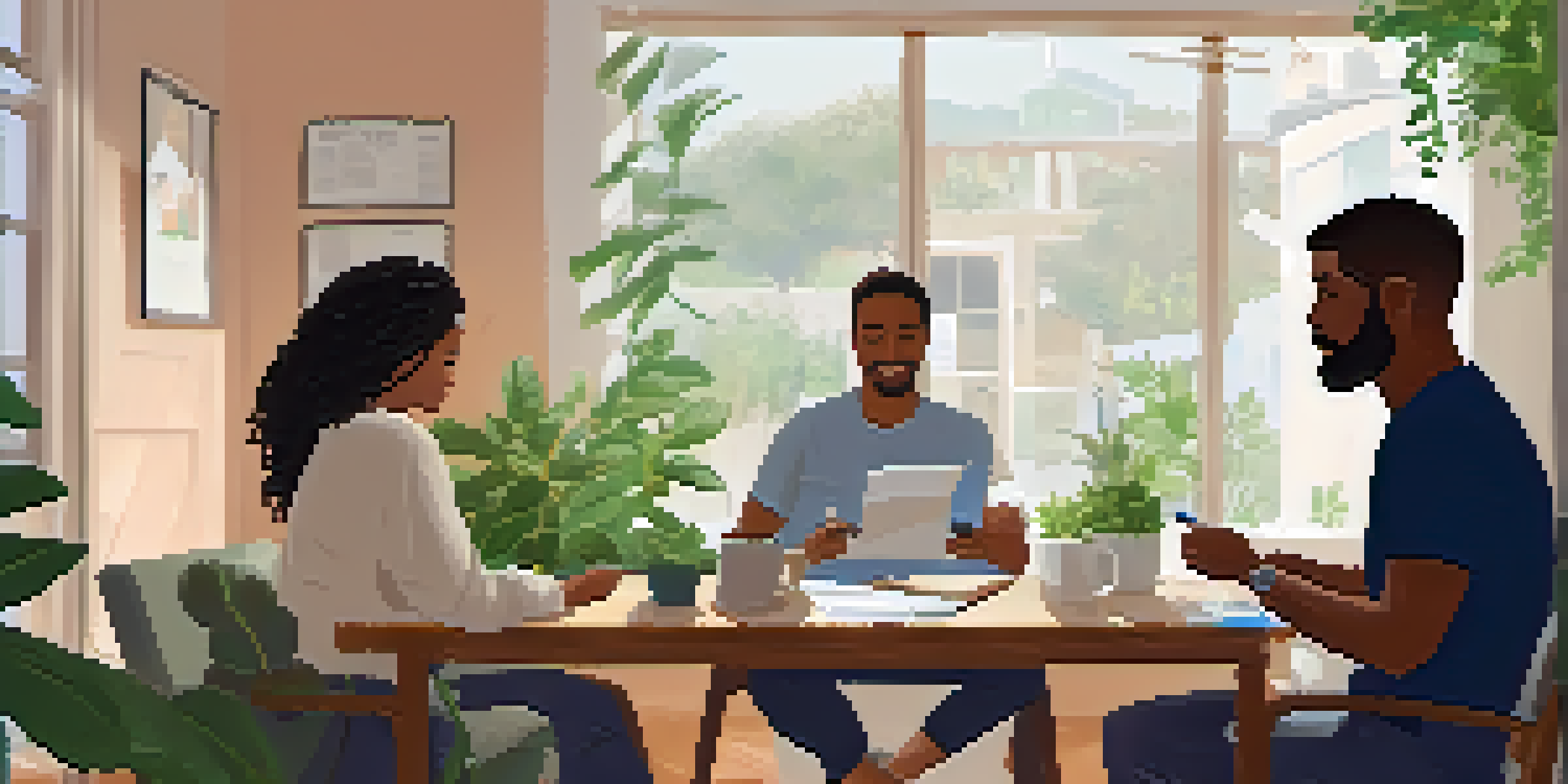 A health coaching session in a cozy office, featuring a coach and a client in conversation, surrounded by plants and natural light.