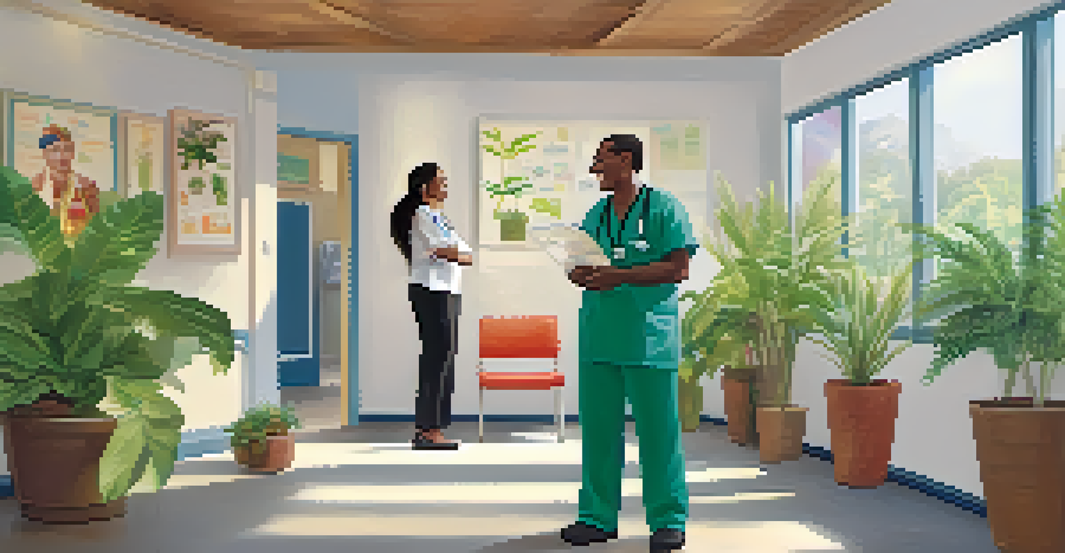 A community health worker and patient smiling and conversing in a bright clinic setting.