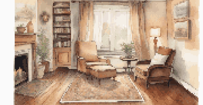 A cozy living room with natural light, a comfortable armchair, a cup of tea, and a journal on a table, evoking a calm and serene environment.