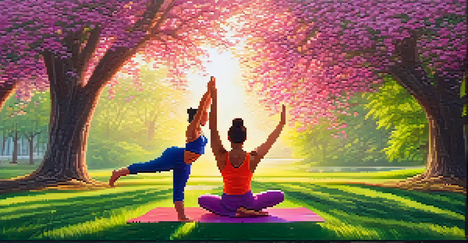 A couple practicing yoga in a peaceful park at sunrise, surrounded by greenery and flowers.