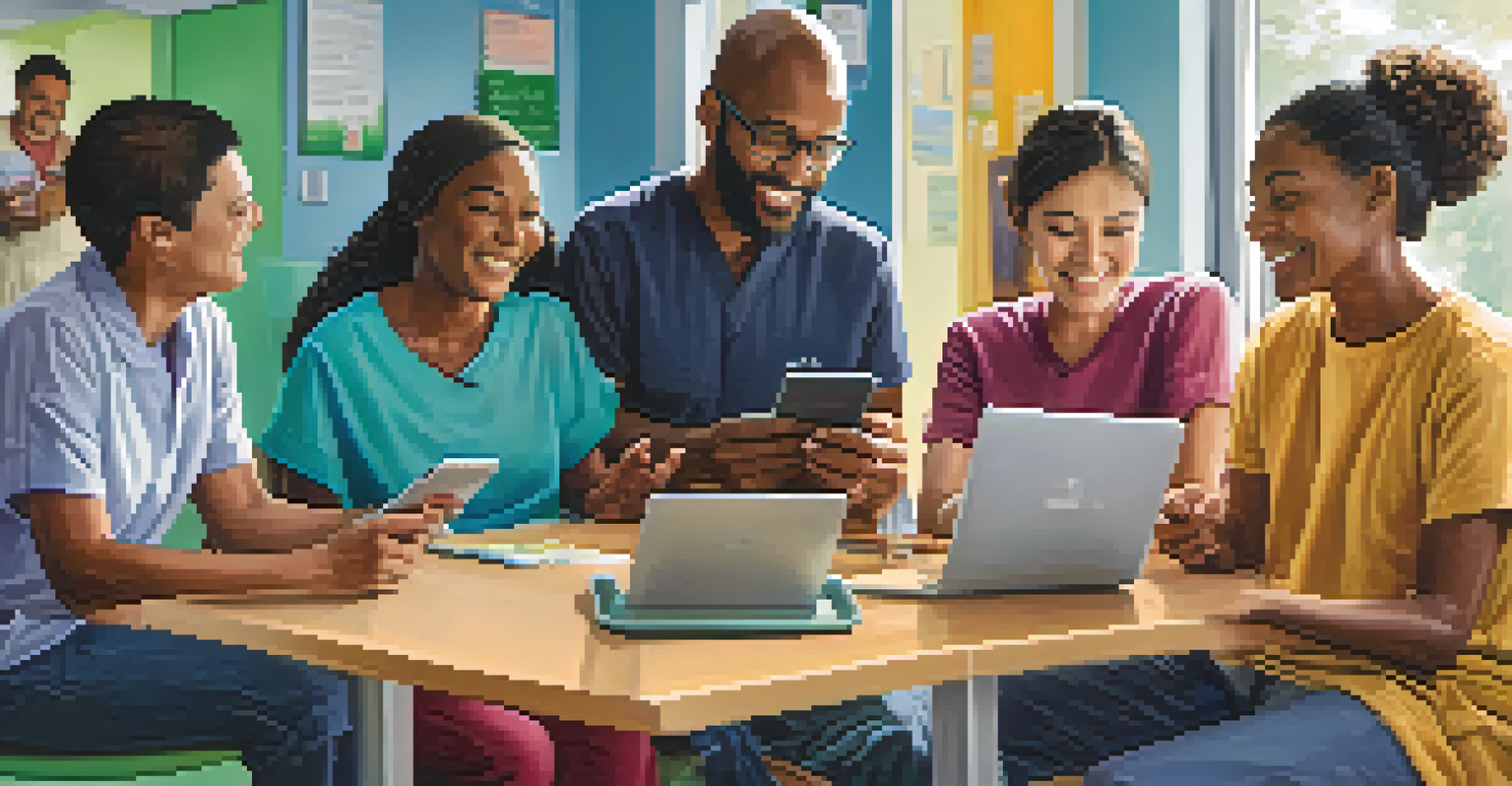 A diverse group of patients using mobile health apps in a community health center setting, smiling and engaged.