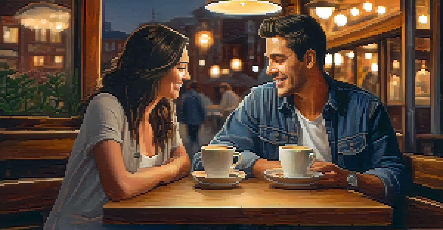 A couple sitting at a café table, engaged in an empathetic conversation, surrounded by a warm and inviting atmosphere.