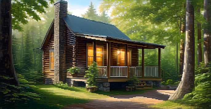 A calm cabin in the woods with sunlight filtering through trees, a rocking chair on the porch, and a mug of tea on a table.