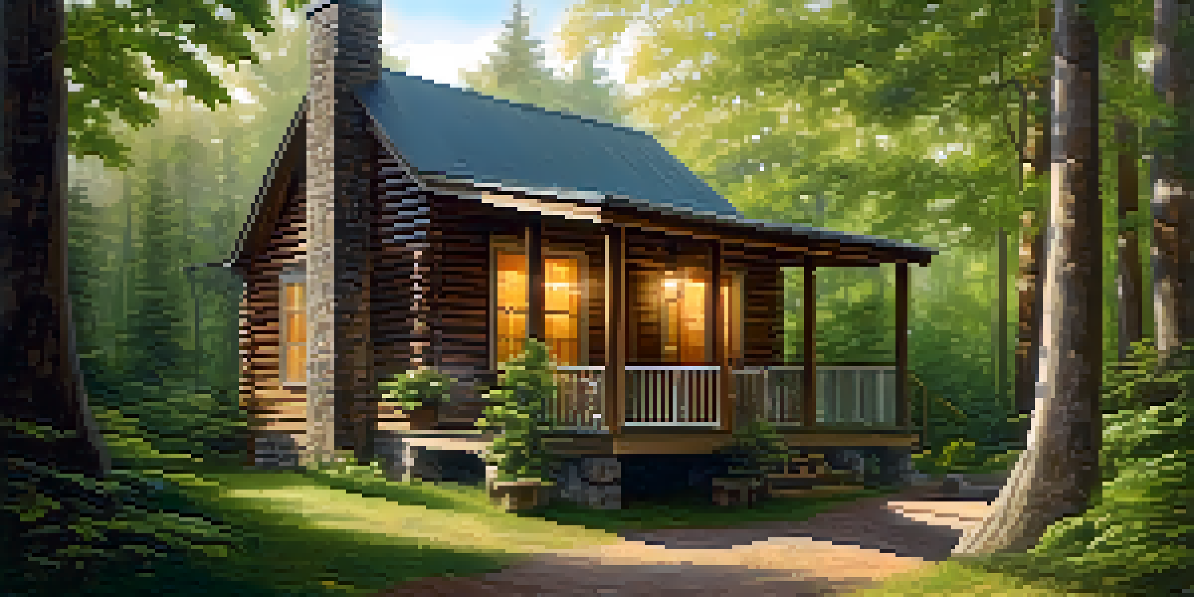A calm cabin in the woods with sunlight filtering through trees, a rocking chair on the porch, and a mug of tea on a table.