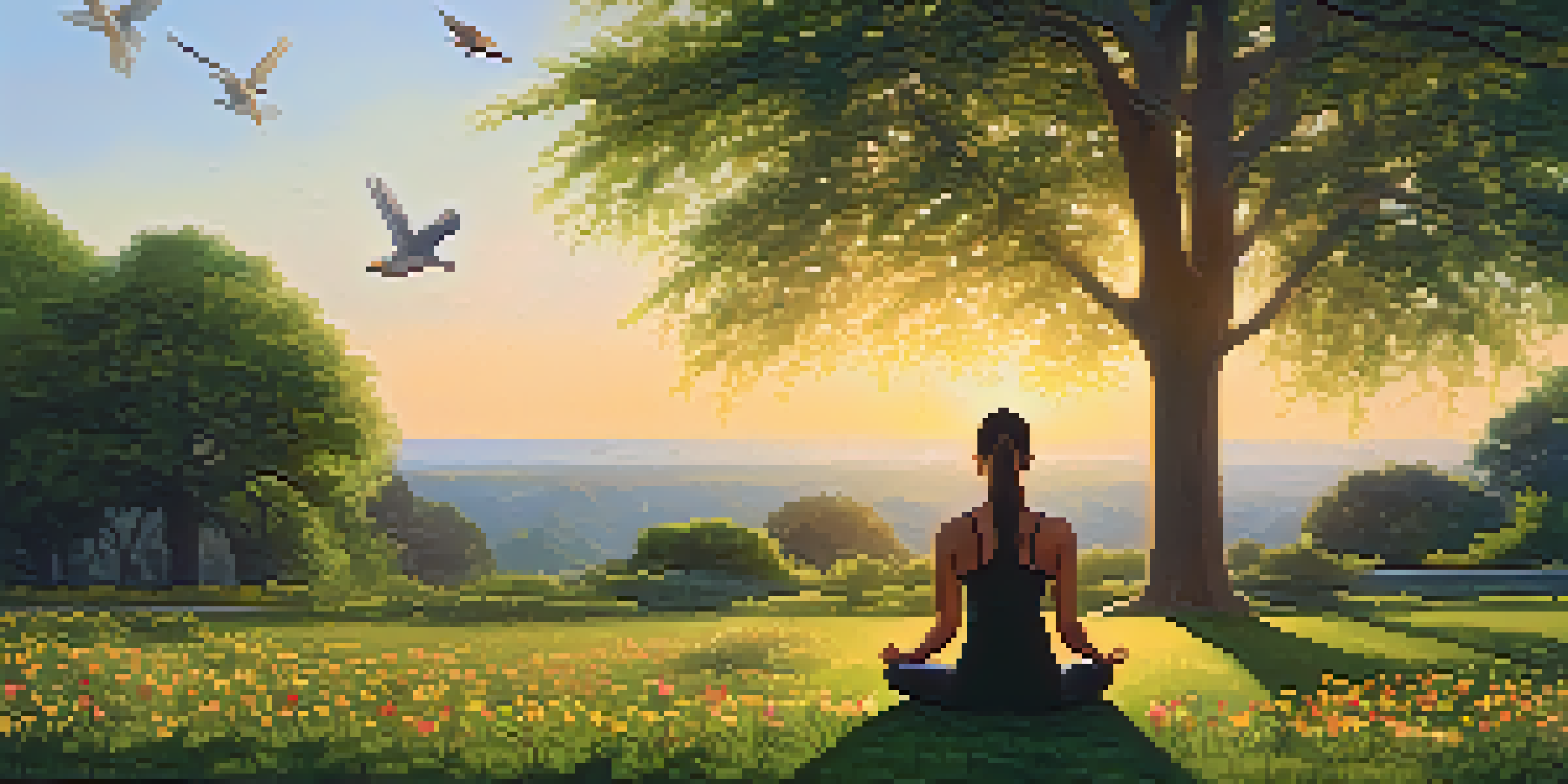 A person practicing yoga in a green park during sunset, surrounded by blooming flowers and flying birds.