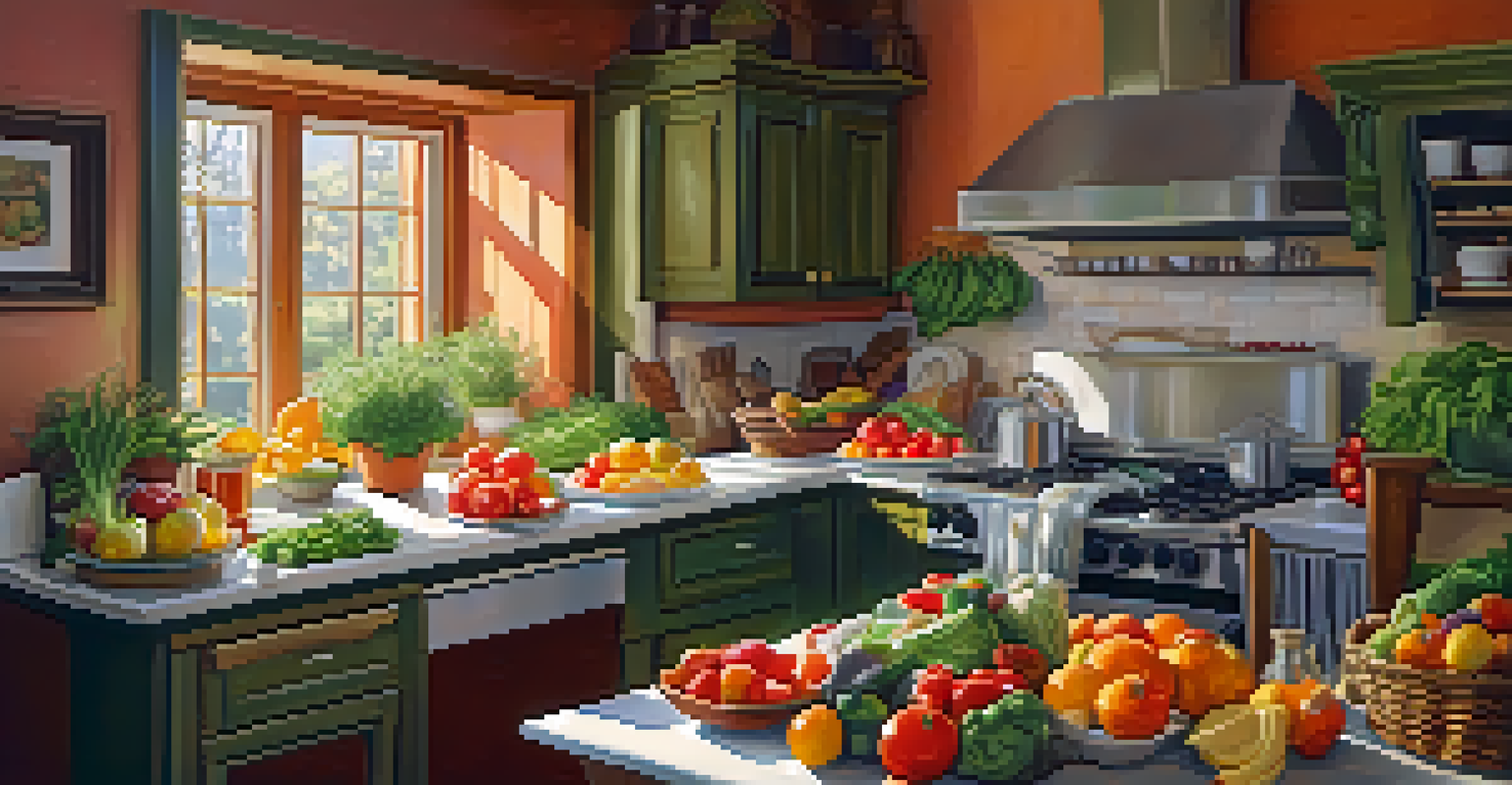A cozy kitchen with fresh fruits and vegetables on a wooden table, sunlight streaming through a window, highlighting healthy meal preparation.