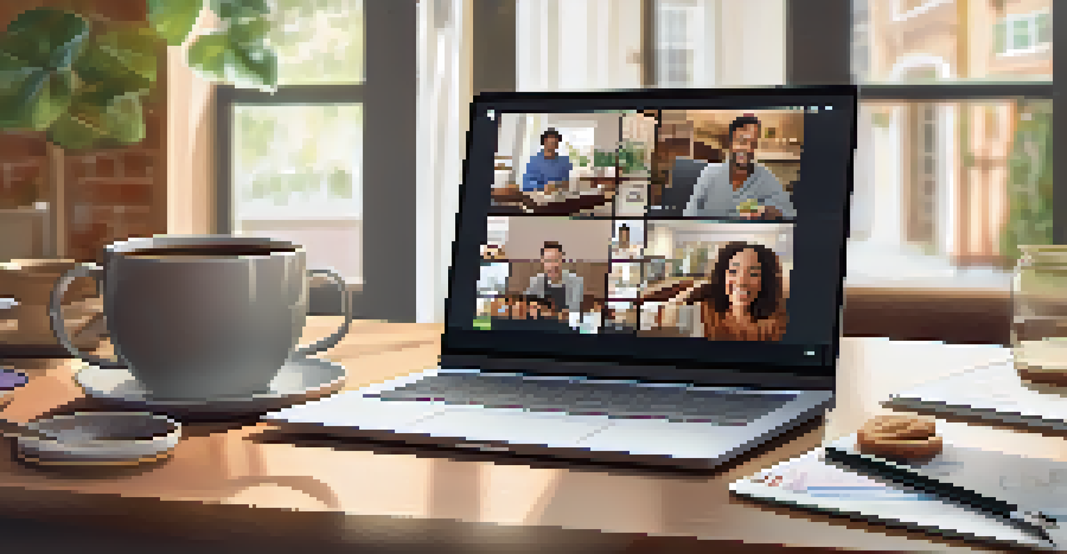 A virtual meeting among colleagues enjoying coffee together, with smiles and a cozy home setting in the background.