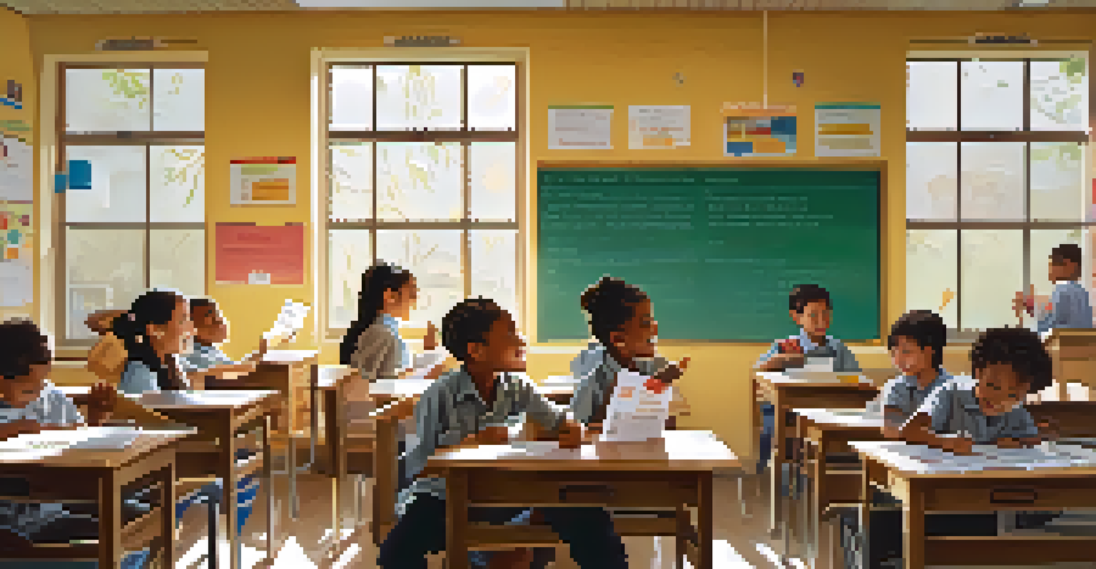 Children in a classroom showing their vaccination cards to a teacher, with educational posters on the walls and sunlight filtering in.