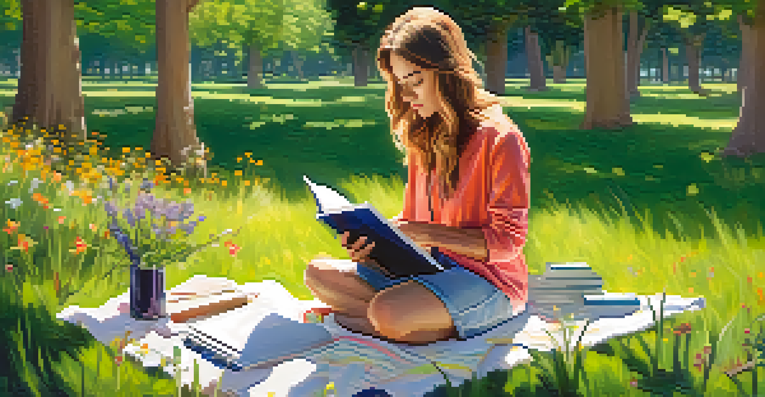 A person journaling on a blanket in a vibrant green park, surrounded by wildflowers and a sunny atmosphere.
