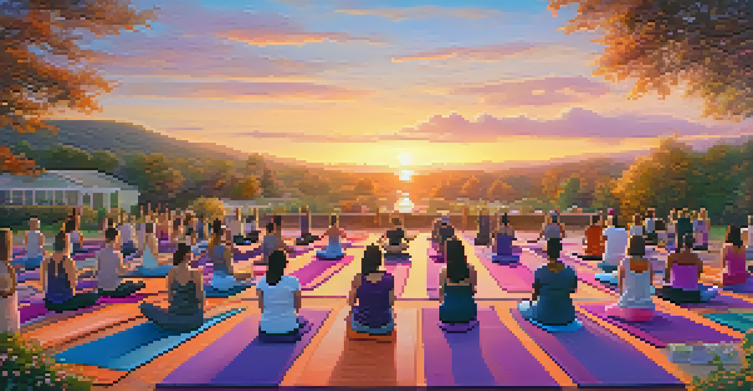 A community outdoor yoga class during sunset, with participants in various poses on colorful mats surrounded by flowers and trees, with a vibrant sunset sky.