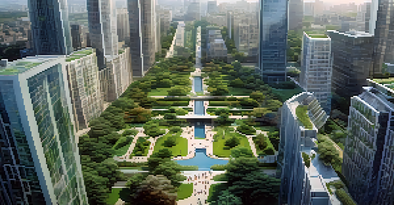 An aerial view of a modern city featuring a blend of high-rise buildings and lush green spaces, showcasing parks and gardens.