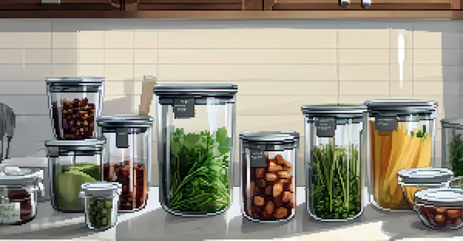 A meal prep setup with glass containers of portioned meals, labeled, and surrounded by fresh herbs and kitchen tools on a countertop.