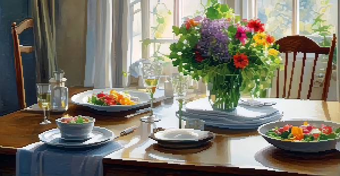 A dining table set with a fresh salad and a vase of flowers in a warm, inviting setting.
