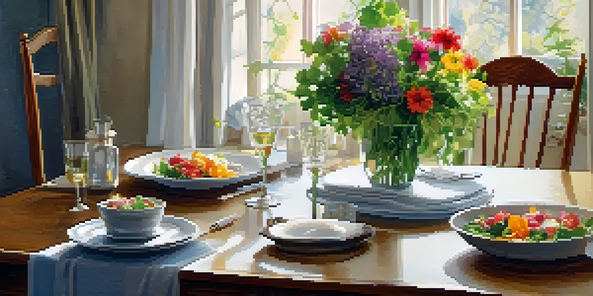 A dining table set with a fresh salad and a vase of flowers in a warm, inviting setting.
