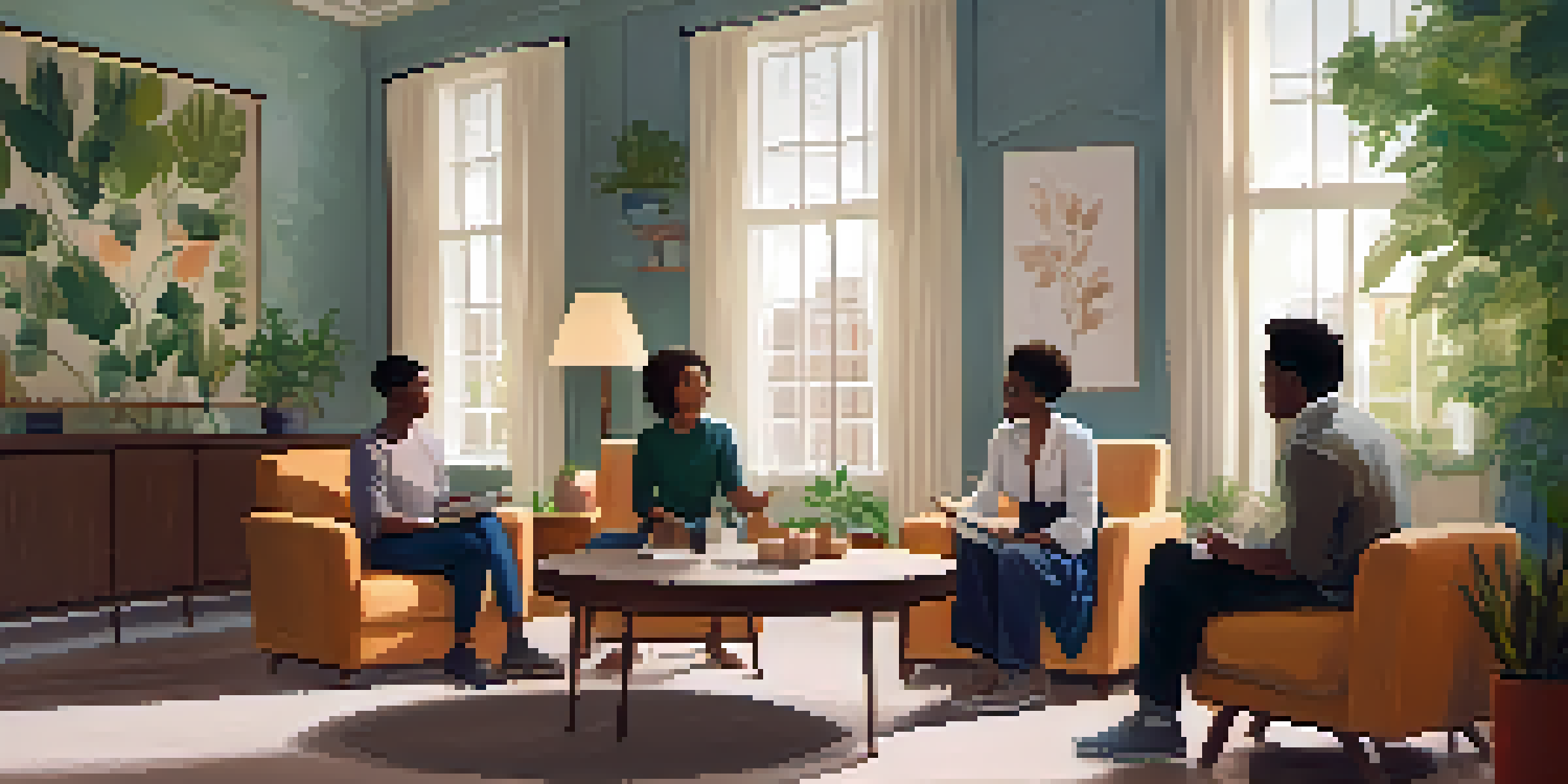 A group therapy session in a cozy room with young people sharing and supporting each other, surrounded by plants and soft lighting.