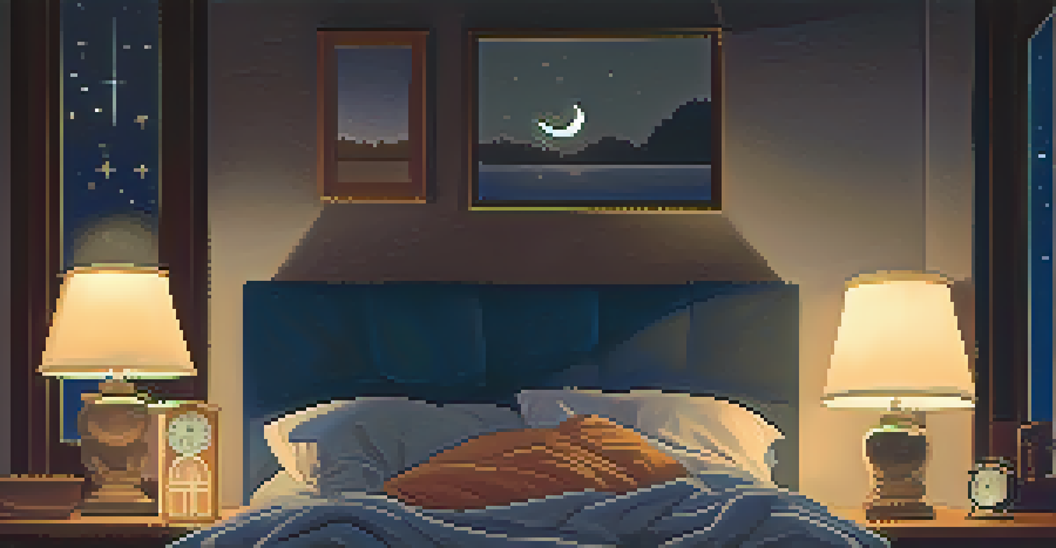 A peaceful nighttime scene of a person sleeping comfortably in bed, with a glowing bedside lamp.