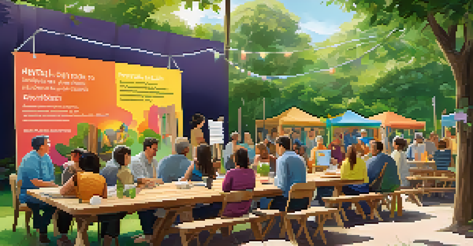 An outdoor workshop with participants discussing mental health topics, surrounded by colorful banners and lush greenery.