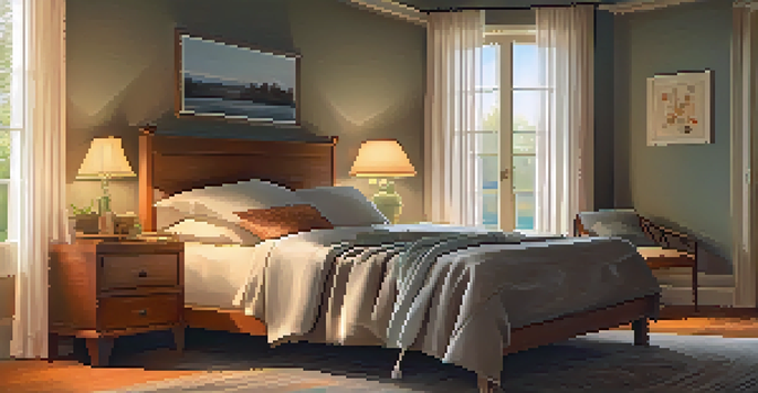 An older adult peacefully sleeping in a cozy bedroom with warm lighting and soft colors.