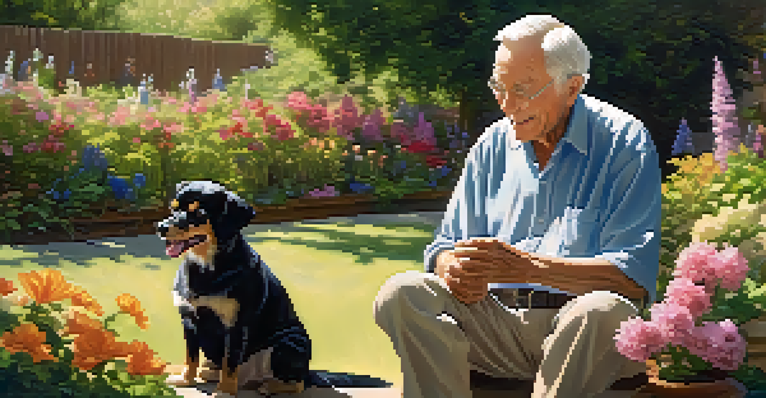An elderly man sitting in a garden, petting a small dog on his lap, surrounded by flowers and butterflies.