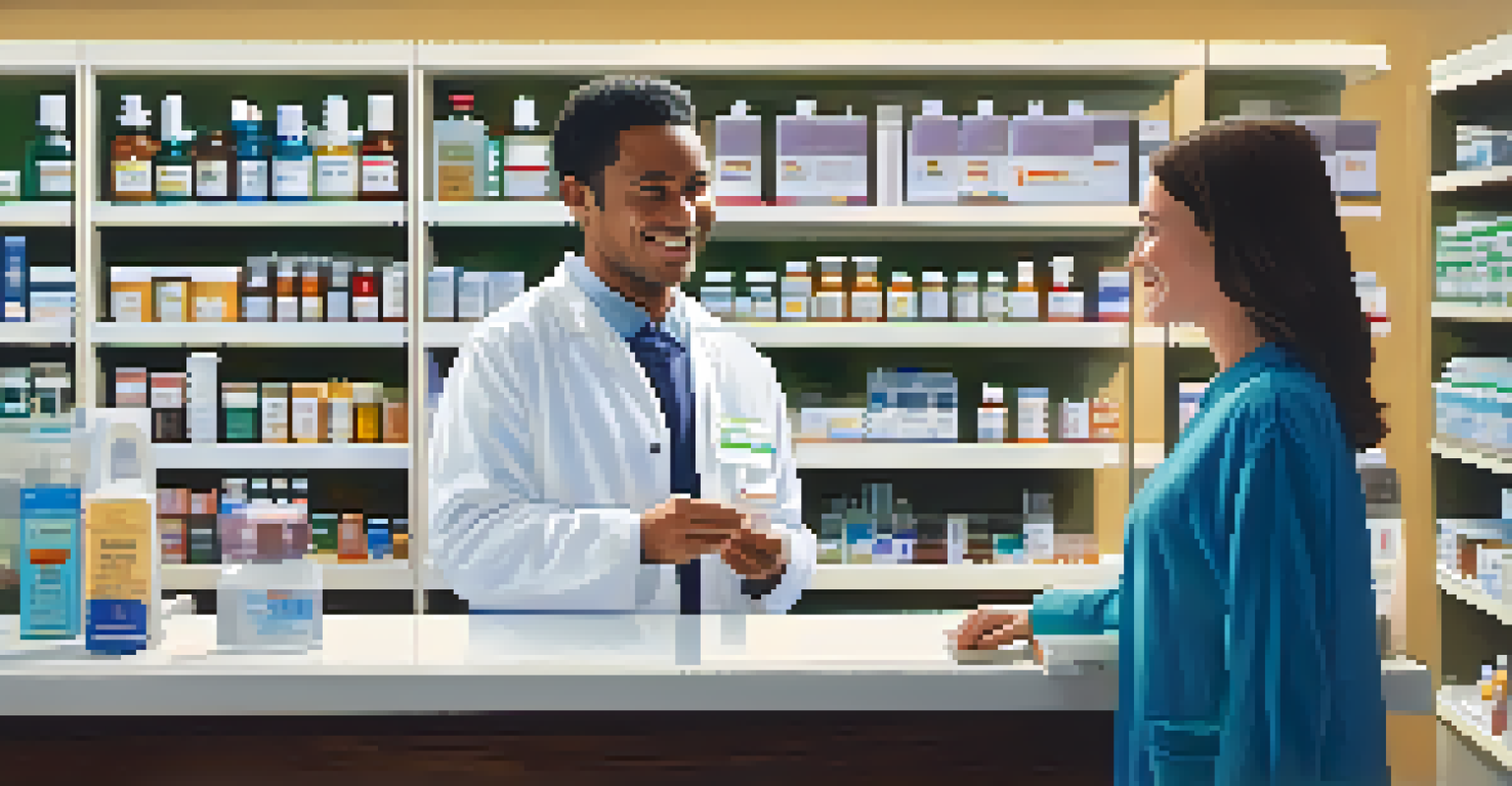 A pharmacist and a patient discussing medication at a pharmacy counter.