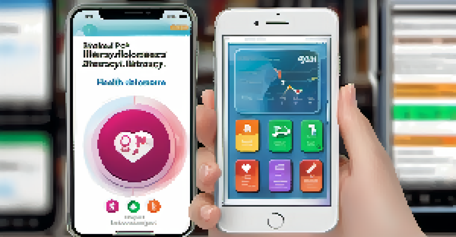 A close-up of a smartphone displaying a health literacy app, showing personalized reminders and videos, with a hand interacting with the screen.