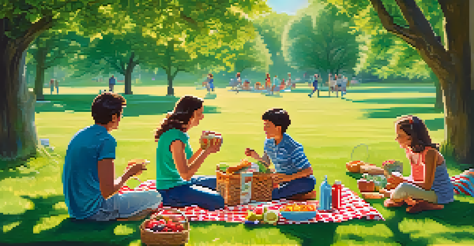 A family enjoying a picnic in a lush park, with children playing frisbee and parents relaxing on a blanket with healthy foods.
