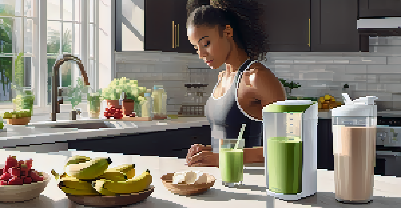An athlete in workout gear making a protein shake in a bright kitchen, with fresh fruits and ingredients on the countertop.