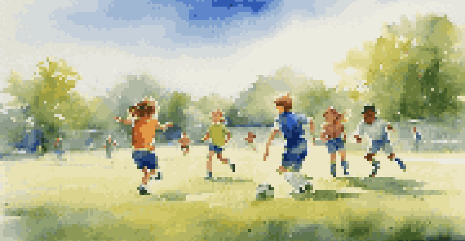 A lively soccer game with children running and kicking a ball on a sunny day, surrounded by green grass under a blue sky.