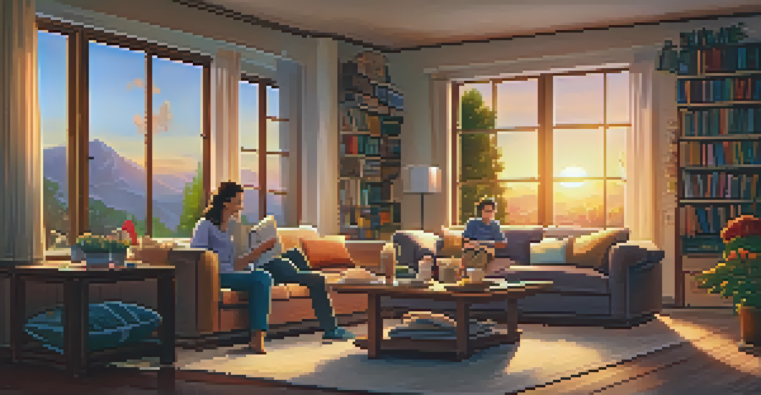 A cozy living room with a family playing games together, warm lighting, and a sunset visible through the window.
