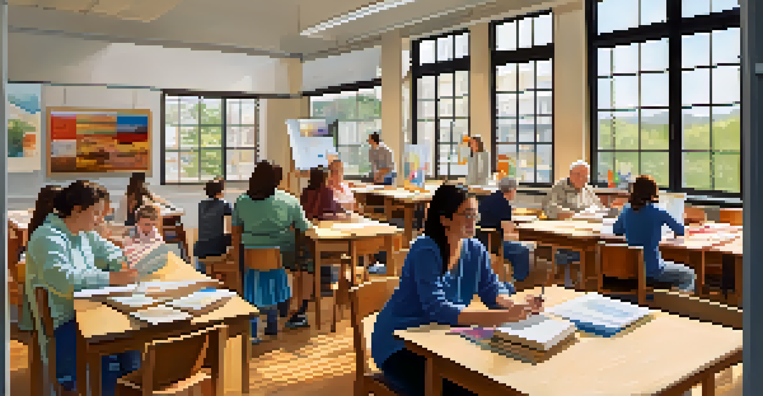 A bright classroom with adults of different ages participating in a workshop, surrounded by books and art supplies, fostering a sense of learning and collaboration.