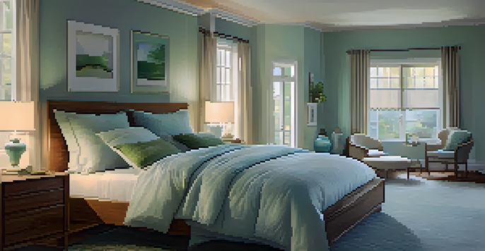 A serene bedroom with a cozy bed, soft lighting, and calming colors, promoting relaxation and restful sleep.