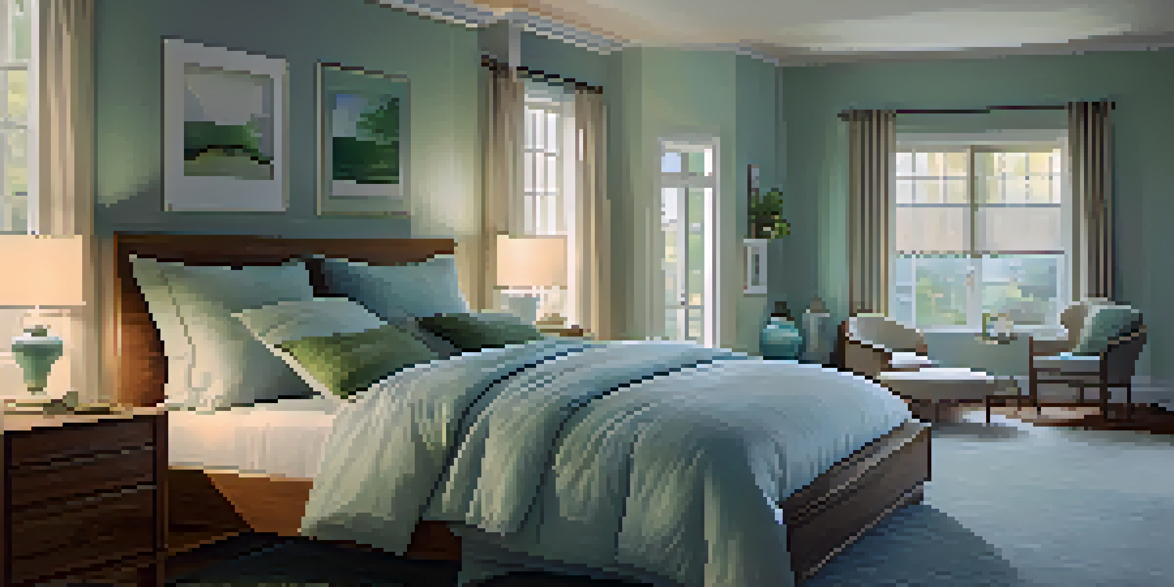 A serene bedroom with a cozy bed, soft lighting, and calming colors, promoting relaxation and restful sleep.