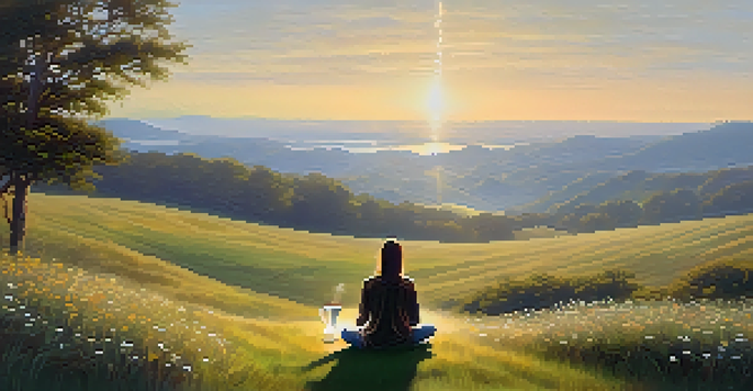 A person meditating on a grassy hilltop during sunrise, with a steaming cup of coffee on a wooden table nearby.