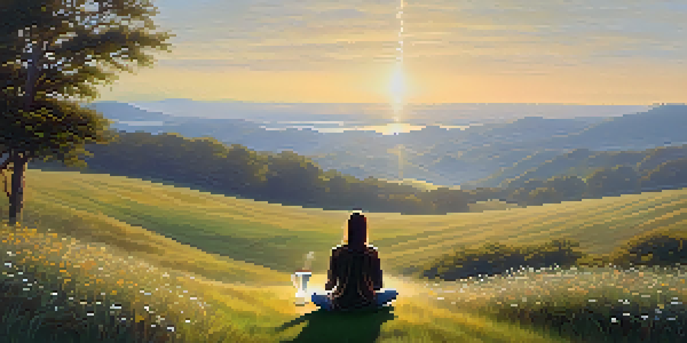 A person meditating on a grassy hilltop during sunrise, with a steaming cup of coffee on a wooden table nearby.