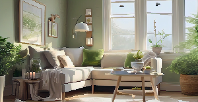 A cozy reading nook with warm lighting, a throw blanket, chamomile tea, essential oil diffusers, plants, and scented candles in soft pastel colors.