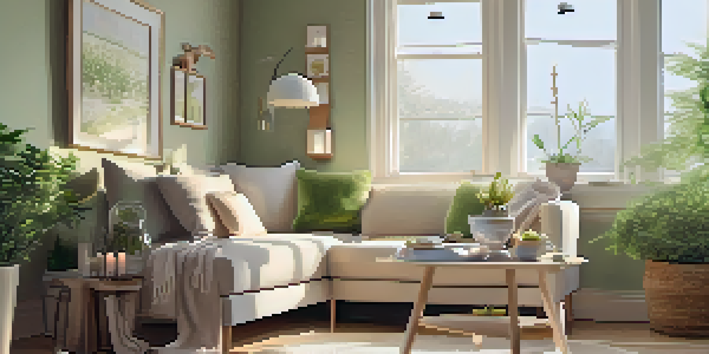 A cozy reading nook with warm lighting, a throw blanket, chamomile tea, essential oil diffusers, plants, and scented candles in soft pastel colors.