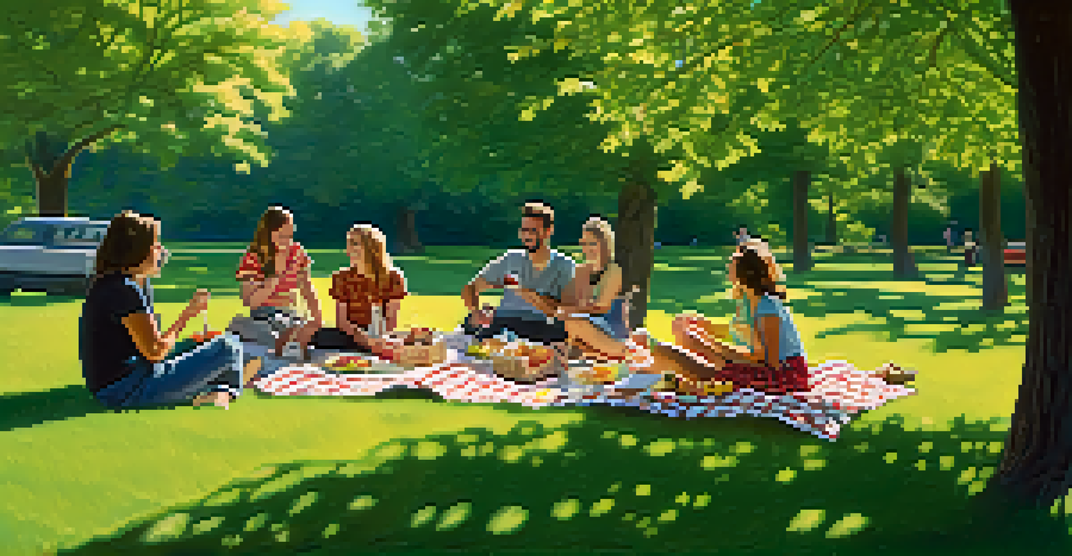 A joyful group of friends enjoying a picnic in a park, surrounded by a green landscape and sunlight filtering through the trees, representing community support.