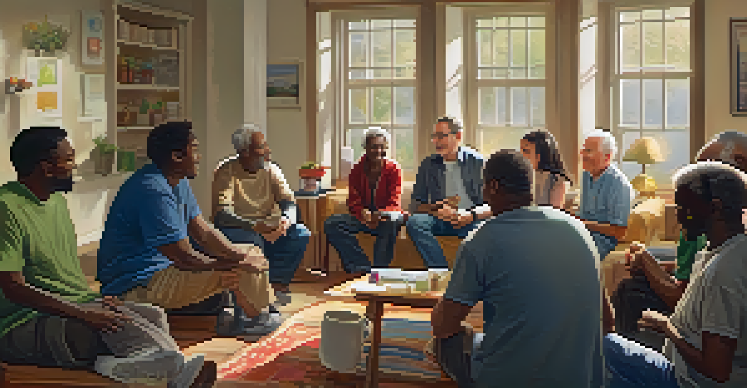 A community group of men discussing health and wellness in a cozy meeting room, fostering support and motivation.