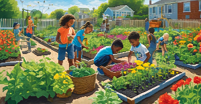 A lively community garden with diverse youth planting vegetables and flowers, surrounded by greenery and colorful blooms under a bright blue sky.