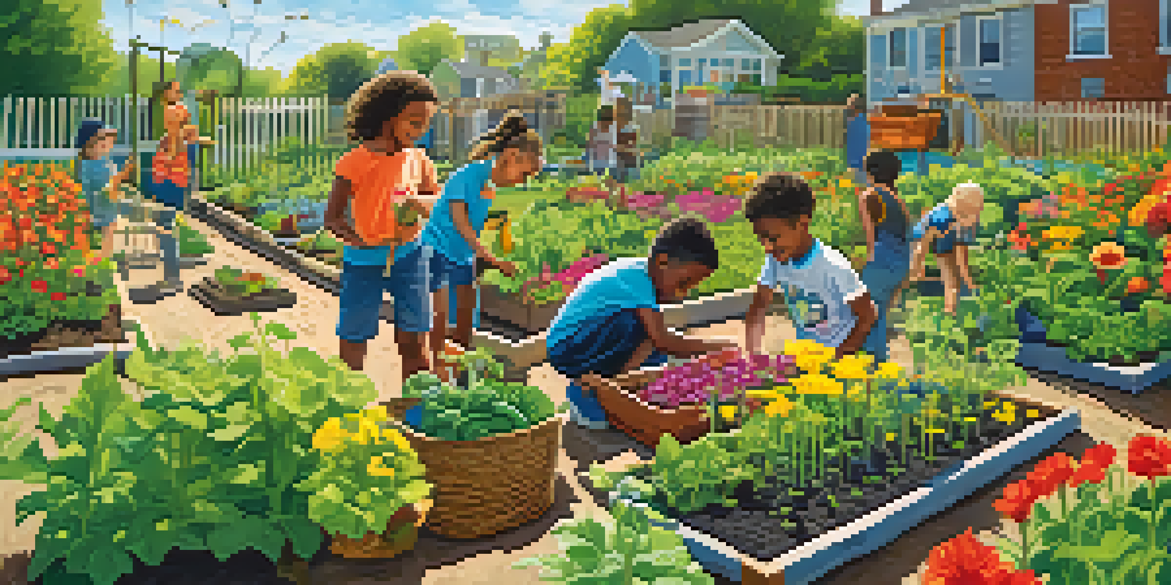 A lively community garden with diverse youth planting vegetables and flowers, surrounded by greenery and colorful blooms under a bright blue sky.