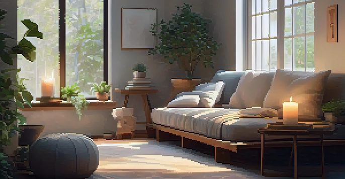 A person meditating in a cozy corner filled with soft pillows and gentle candles, creating a calm atmosphere.