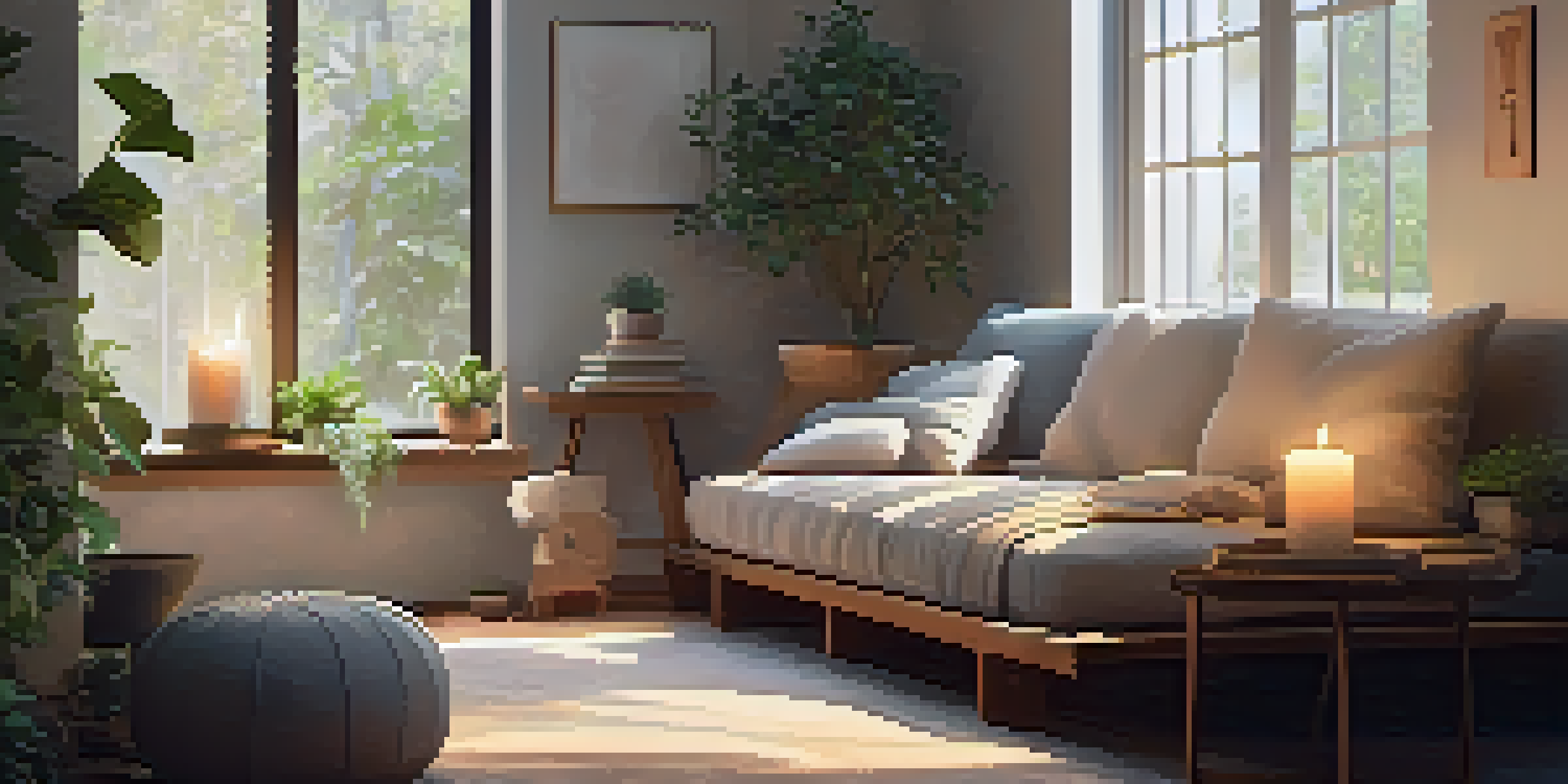 A person meditating in a cozy corner filled with soft pillows and gentle candles, creating a calm atmosphere.