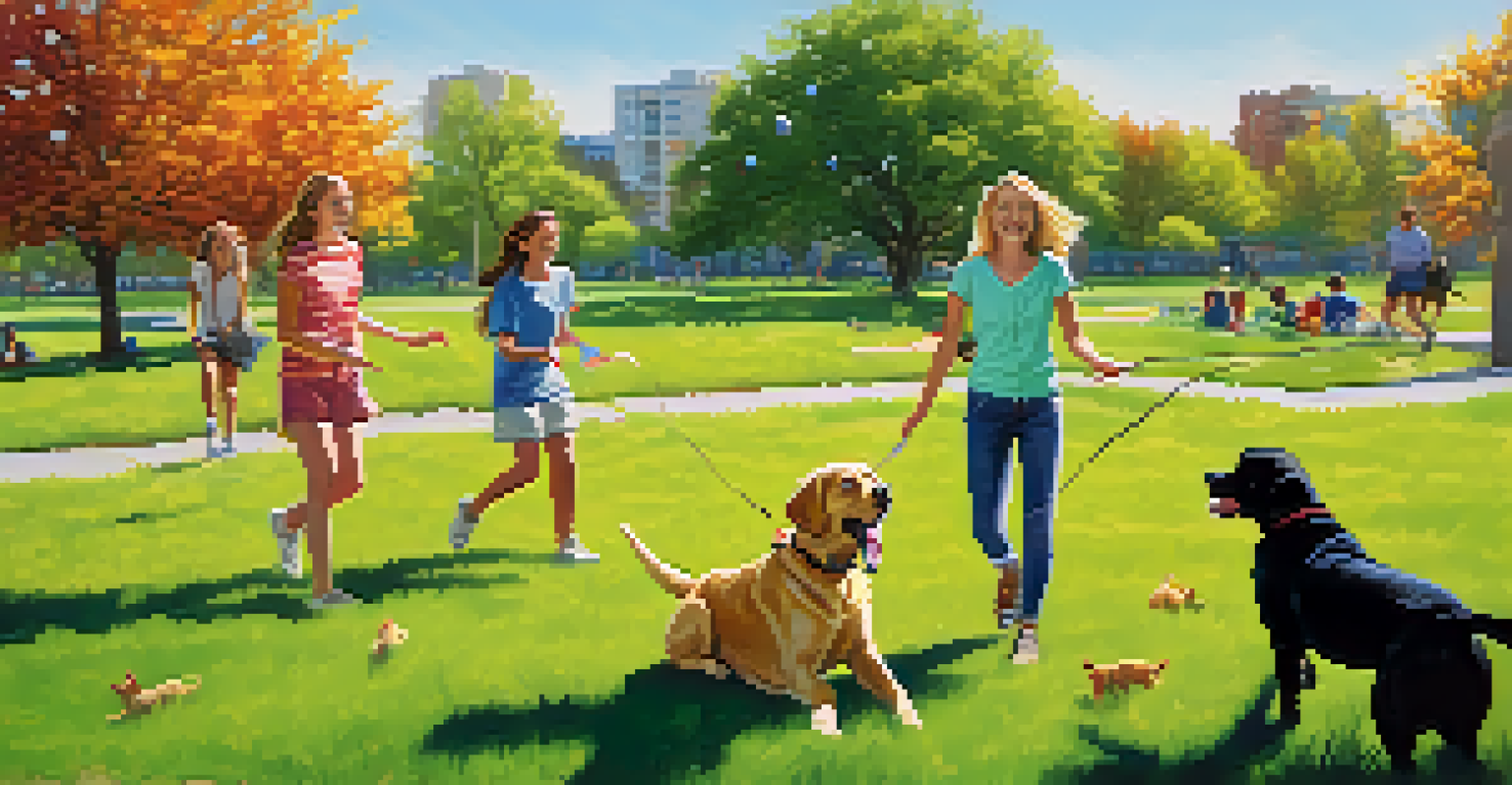 Teenagers play fetch with a Labrador retriever in a sunny park, showcasing joy and companionship.